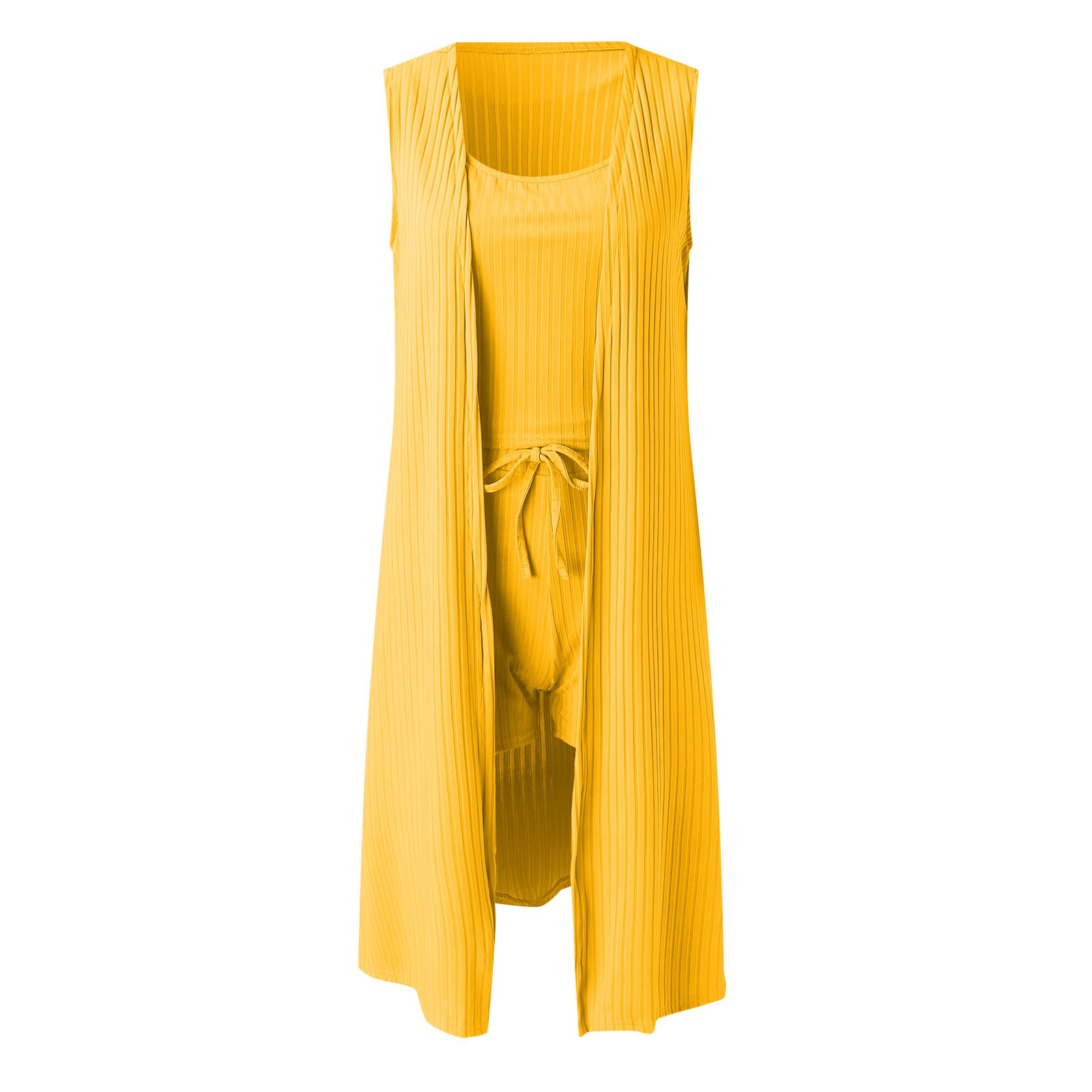 thumbnail image 4 of Conjunto de 3 piezas para mujer con chaleco sin mangas acanalado y pantalones cortos: conjunto informal elástico de color liso para salir de fiesta o para el día a día (tallas S-XXL), 4 of 5